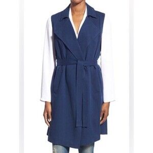 Halogen Navy Sleeveless Belted Trench Coat Pockets L Travel Career Tailored
